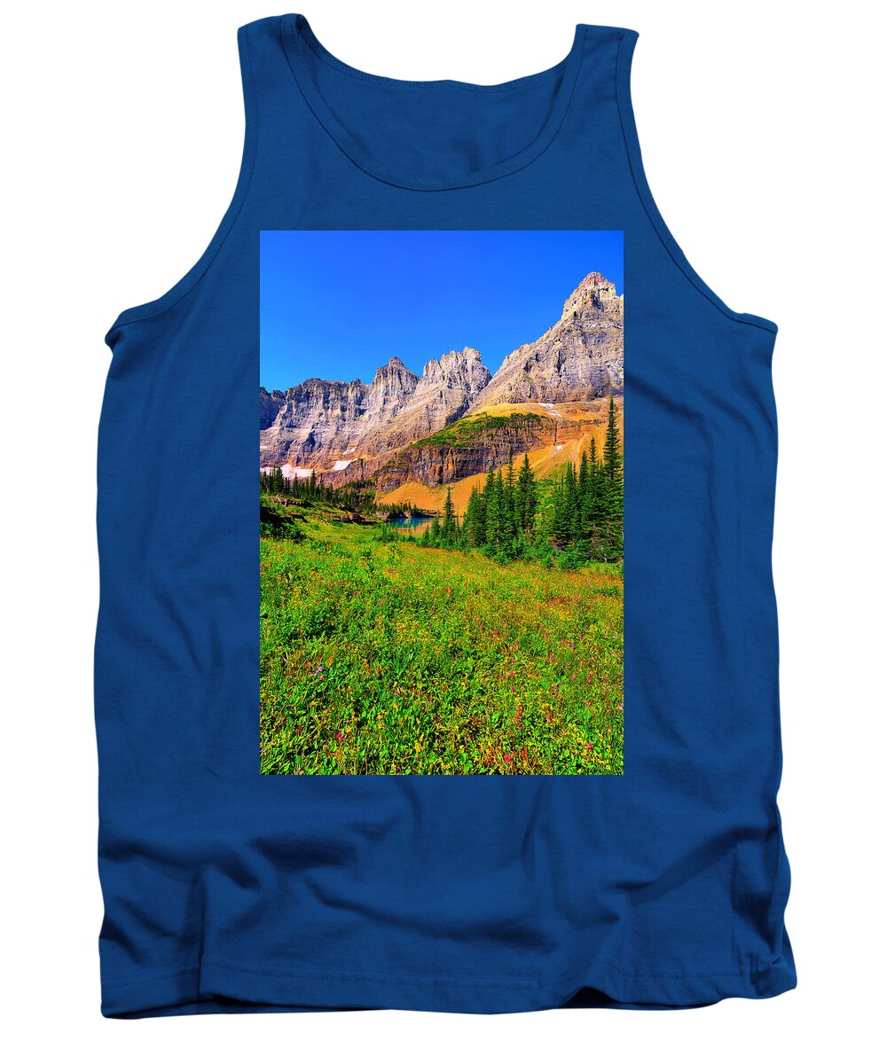 Glacier National Park Tank Top featuring the photograph Wildflower Meadow Beneath the Ptarmigan Wall by Greg Norrell