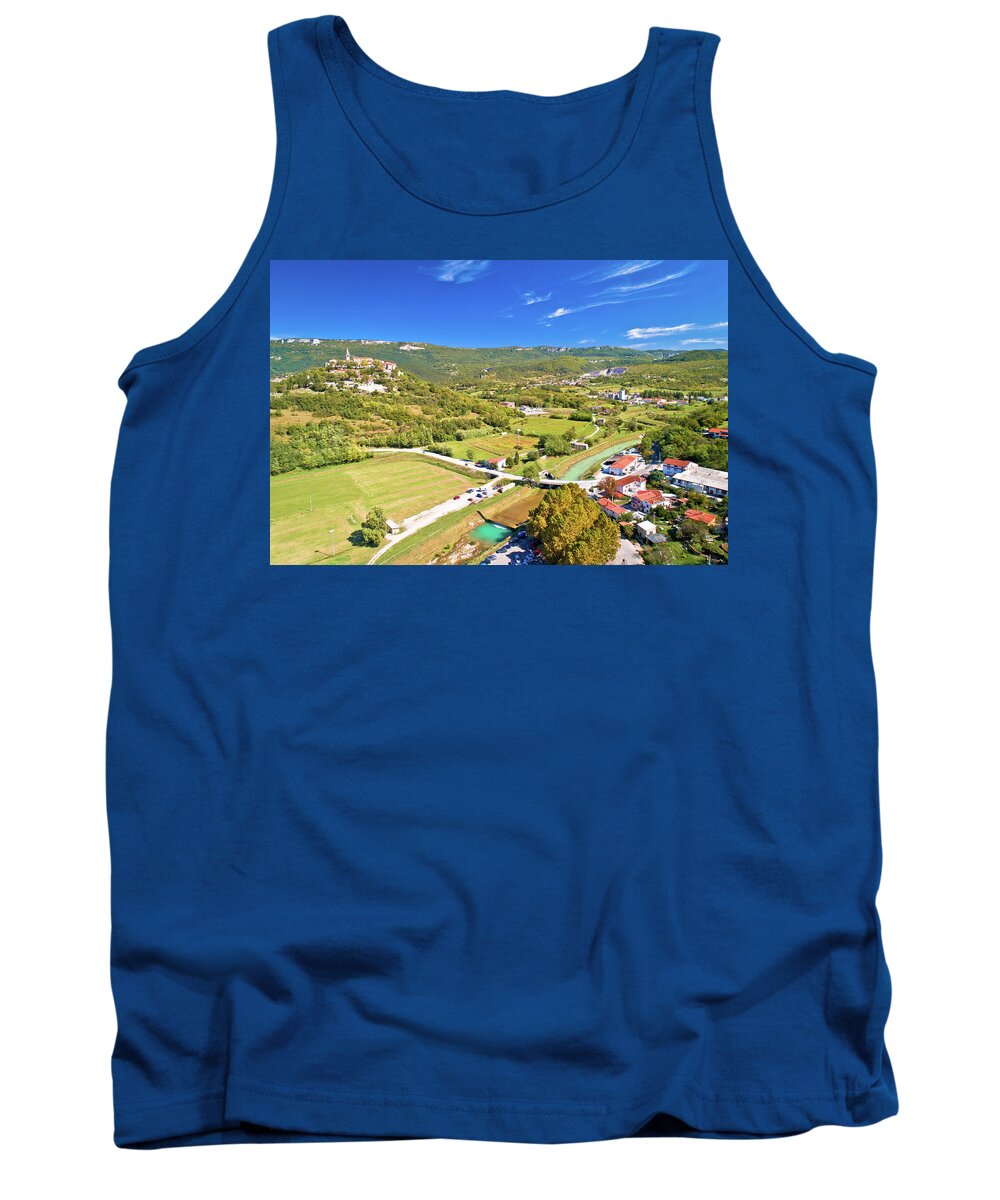 Buzet Tank Top featuring the photograph Buzet. Hill town of Buzet and Mirna river in green landscape aer by Brch Photography