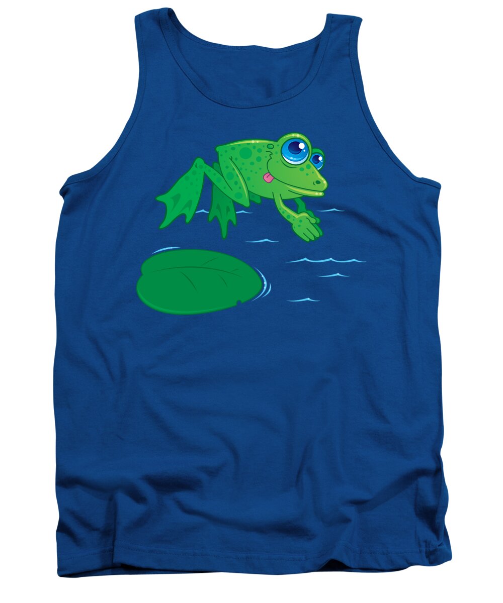 Vector Drawing Of A Cute Frog Diving Off Of A Lily Pad Into Water. Drawn In A Humorous Cartoon Style. Tank Top featuring the digital art Diving Frog by John Schwegel