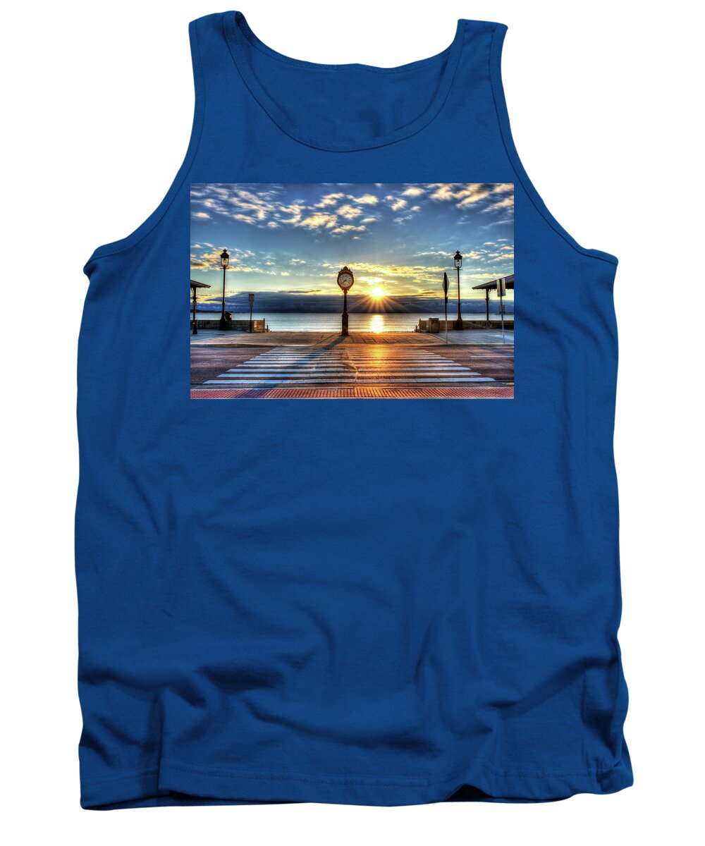 Revere Tank Top featuring the photograph Revere Beach Clock at Sunrise Angled Long Shadow Revere MA by Toby McGuire