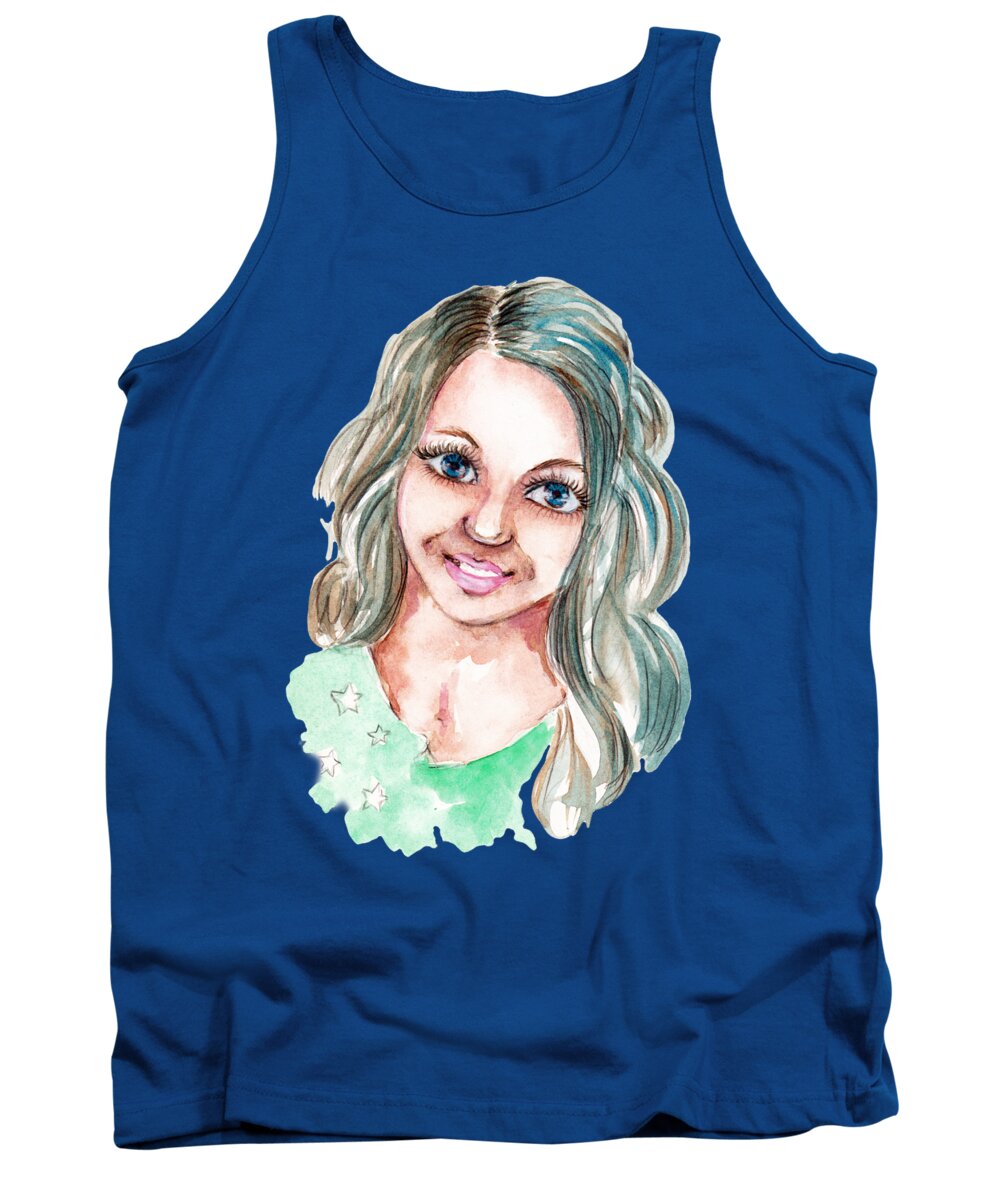 Watercolor Tank Top featuring the painting Watercolor portrait of young beauty girl with blue eyes by Elena Sysoeva