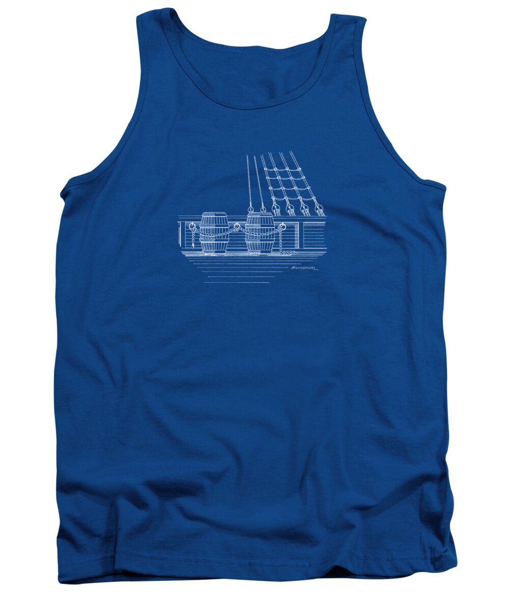 Sailing Vessels Tank Top featuring the drawing Rigging lader and water barrels - blueprint by Panagiotis Mastrantonis