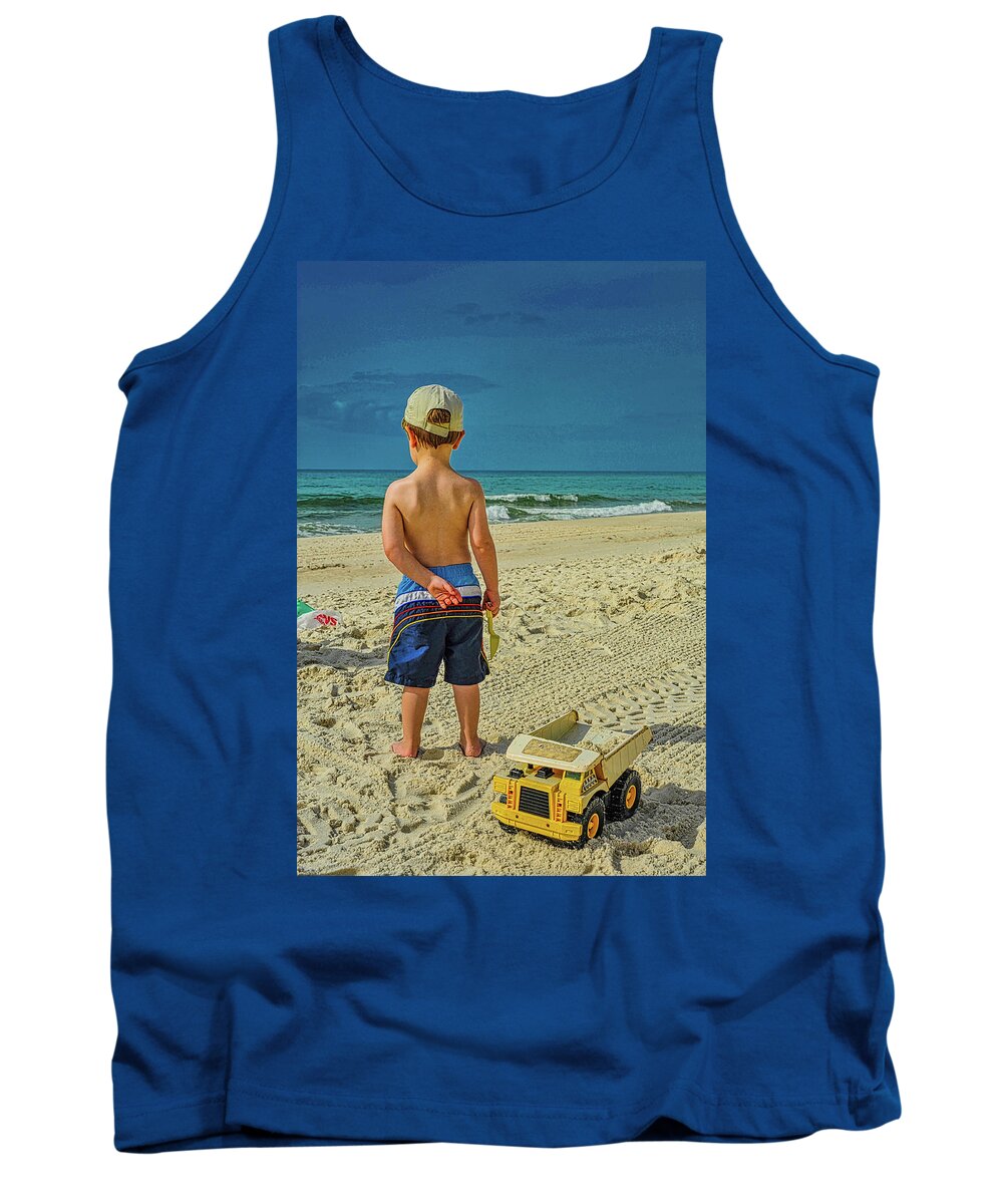 Kid Tank Top featuring the photograph Beach with a Kid and a Truck by James C Richardson