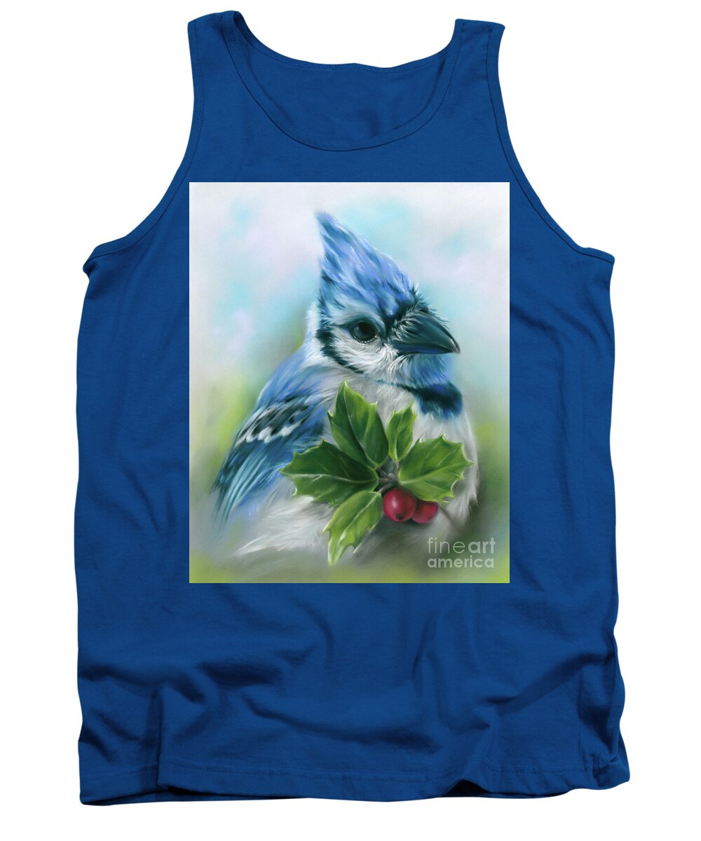 Bird Tank Top featuring the painting Blue Jay with Holly by MM Anderson