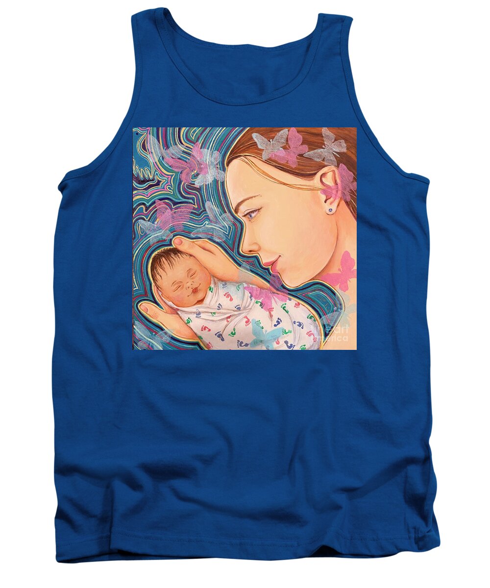 #baby Born #nursing #portrait #butterflies #love #connection #relationship #kidsroom Tank Top featuring the painting Cosmos connection by Ella Boughton