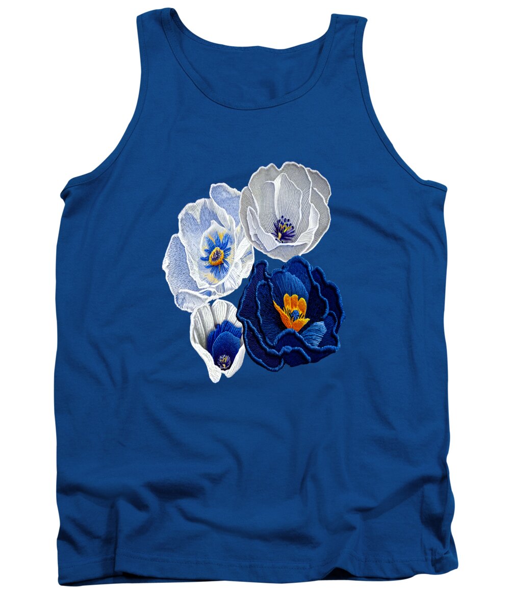 Embroidery Tank Top featuring the mixed media Floral Blue Poppy Artwork by Lena Owens - OLena Art Vibrant Palette Knife and Graphic Design