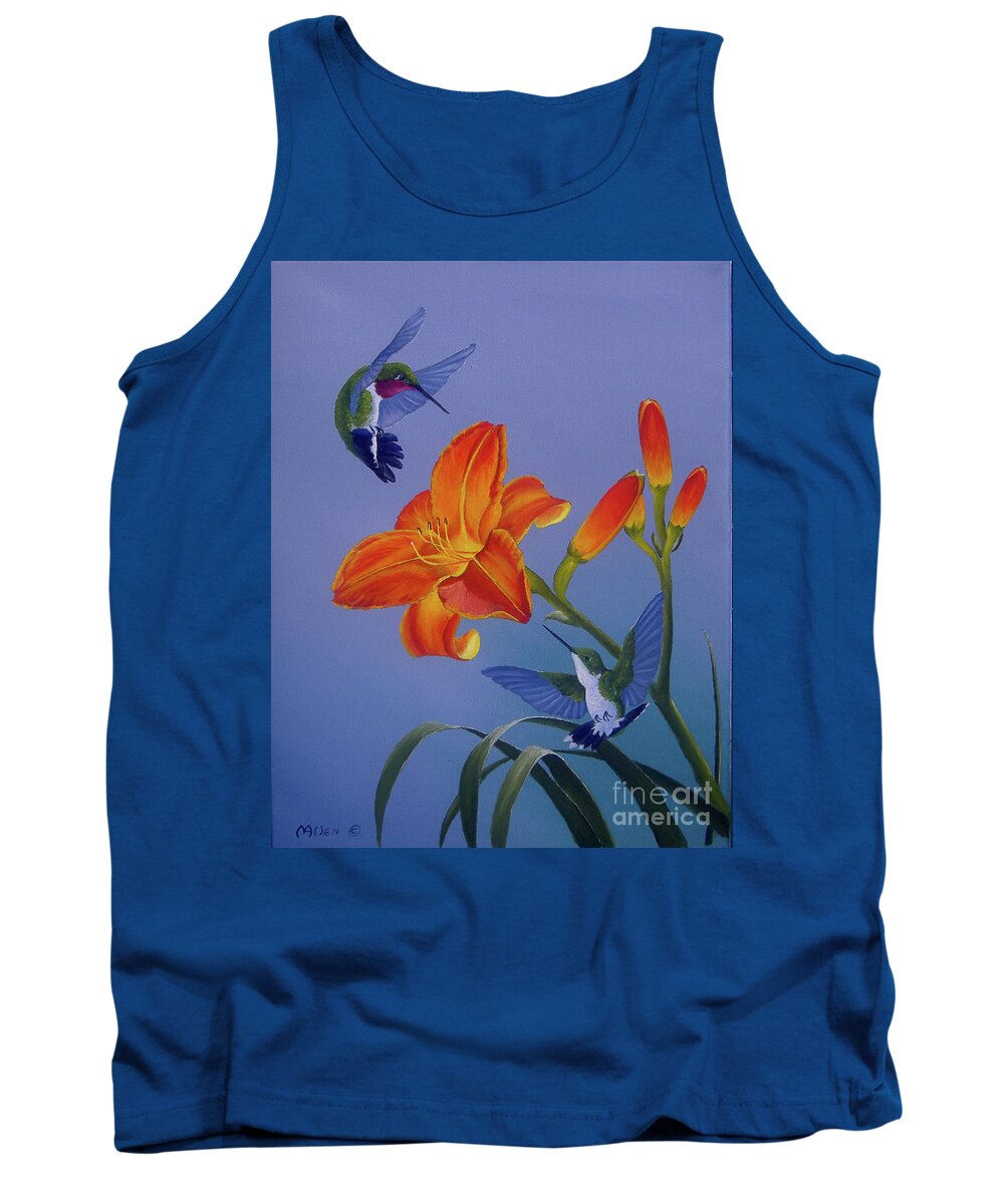 Hummingbird Paintings Tank Top featuring the painting Hummingbirds and Daylilies by Michael Allen