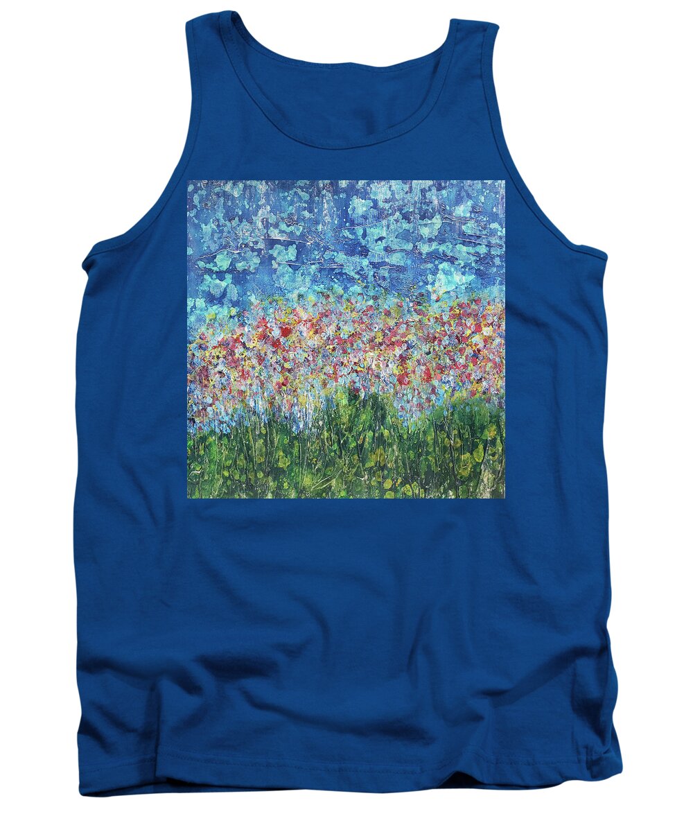 Painting Of A Garden Tank Top featuring the painting IMPRESSIONIST'S GARDEN Abstract Flowers in Blue Red Green by Lynnie Lang