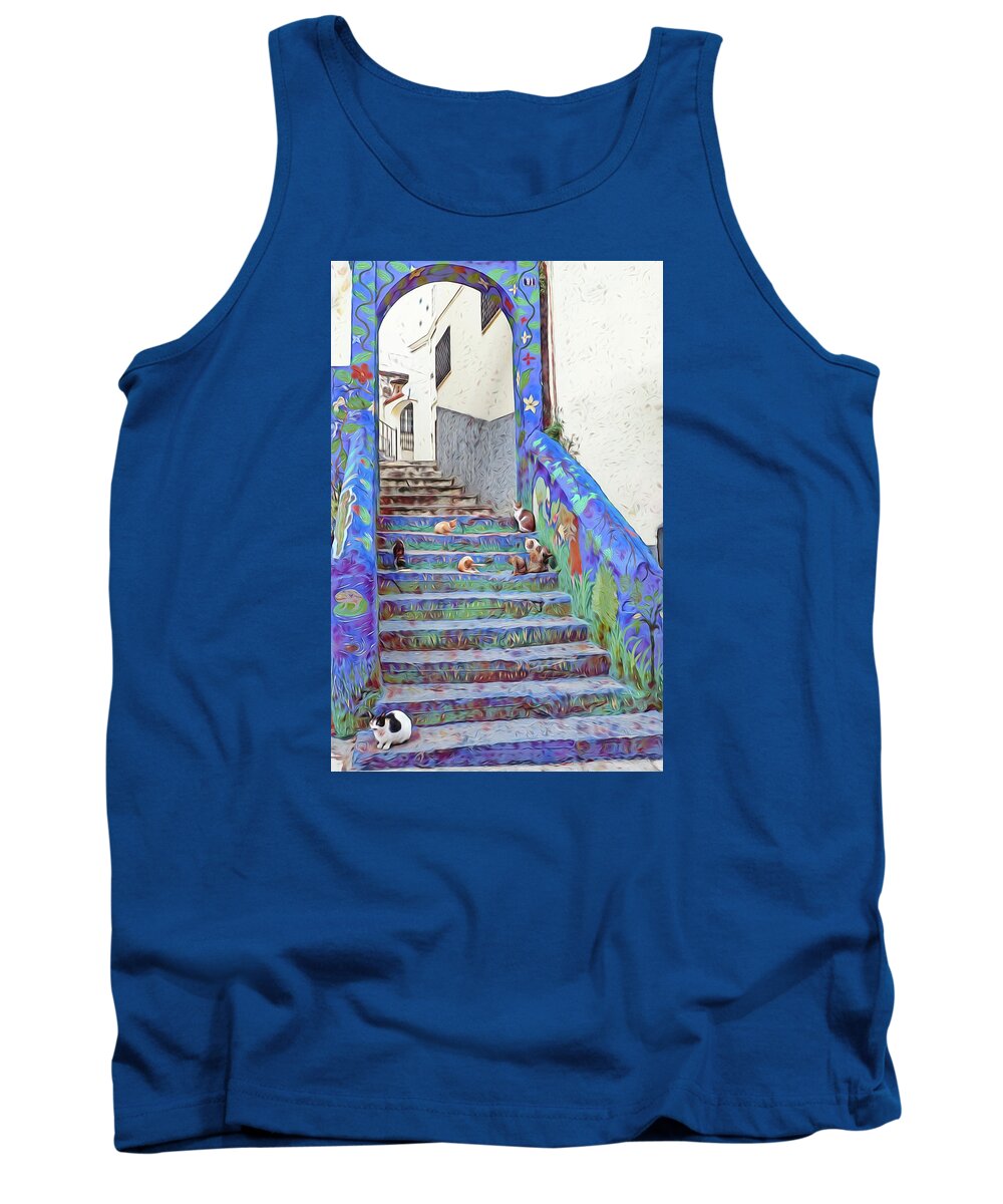 Morocco Cats Tank Top featuring the mixed media Morocco Blue Cat Culture by Rebecca Herranen
