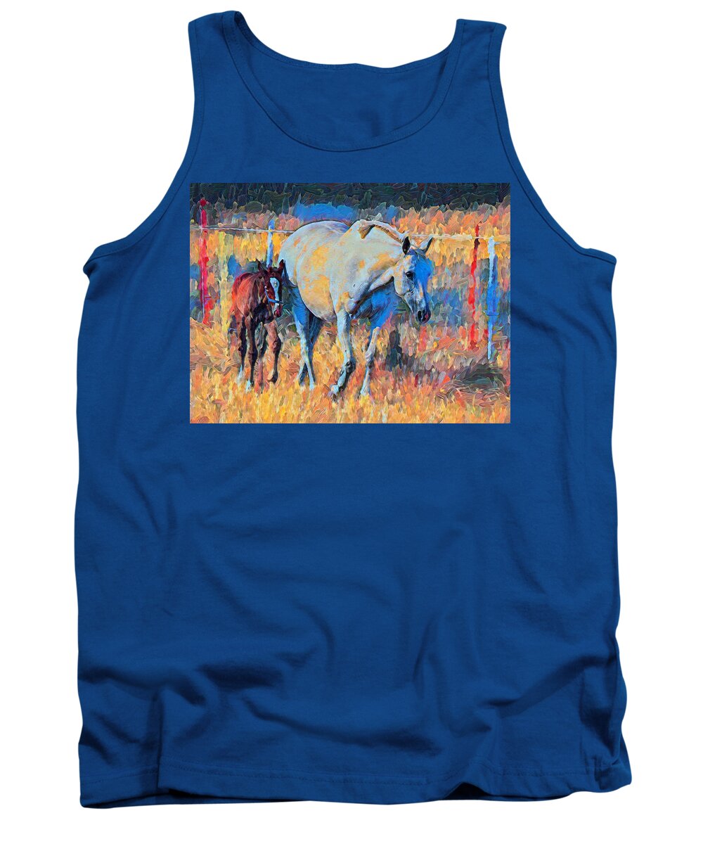 Horse Tank Top featuring the mixed media Narla And Her Foal Evie by Joan Stratton