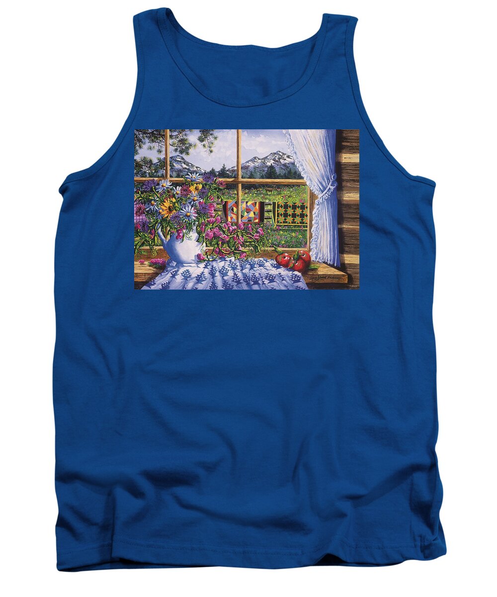 Log Cabin Tank Top featuring the painting Quilted View by Diane Phalen