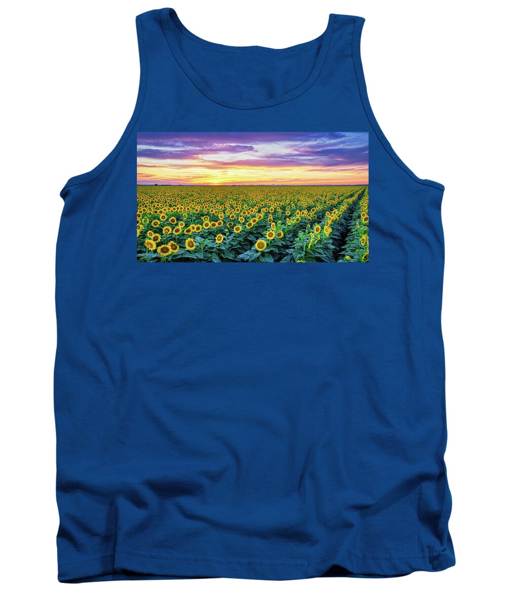 Sunflowers Tank Top featuring the photograph Texas Sunflower Field at Sunset Pano by Robert Bellomy