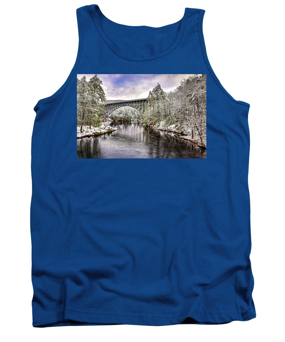 French King Bridge Tank Top featuring the photograph The French King Bridge in Winter by Mitchell R Grosky