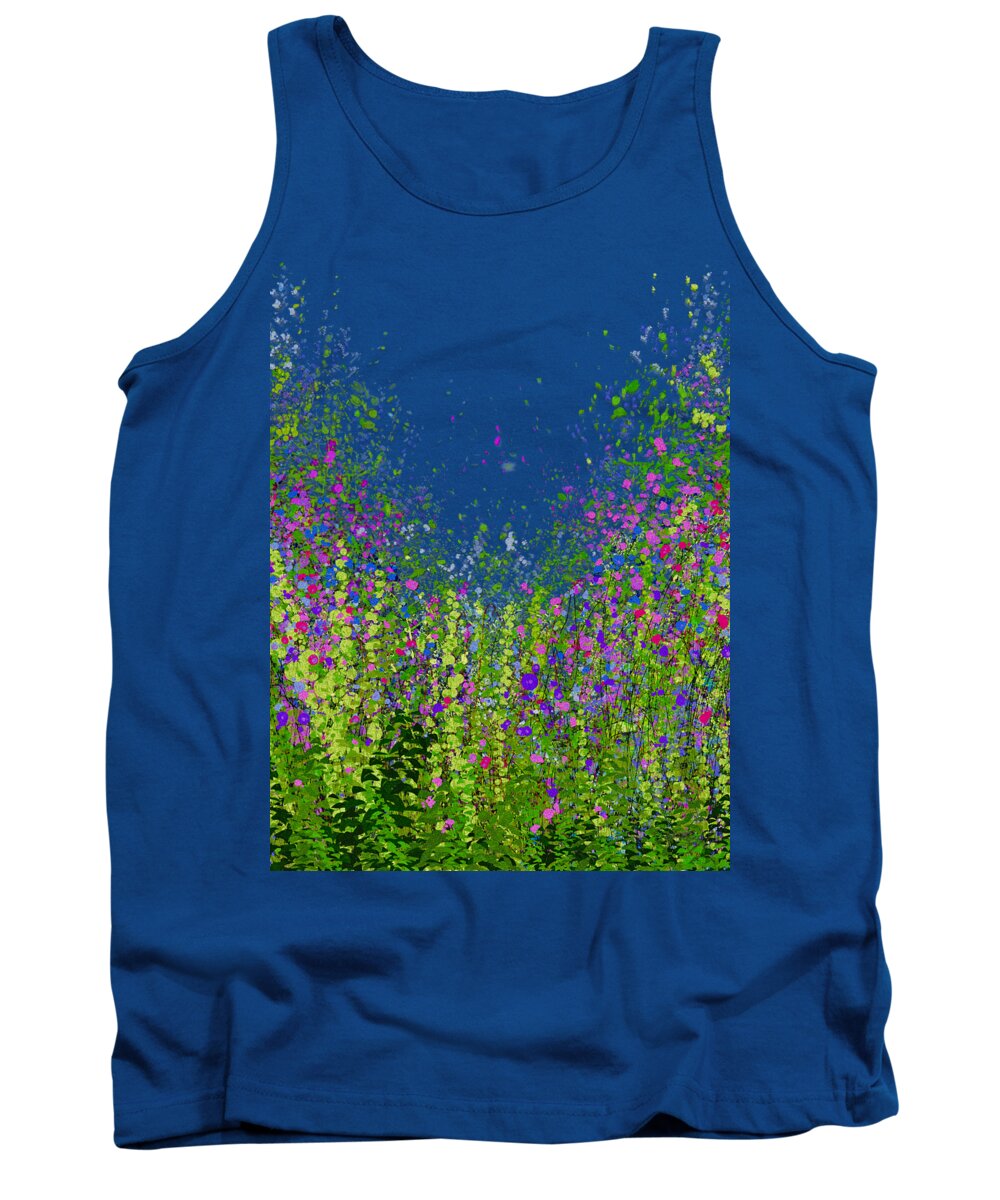 Tall Grass Tank Top featuring the mixed media The Kingdom of Bees in Tall Grass Meadow Abstract Wild Flowers by Lena Owens - OLena Art Vibrant Palette Knife and Graphic Design