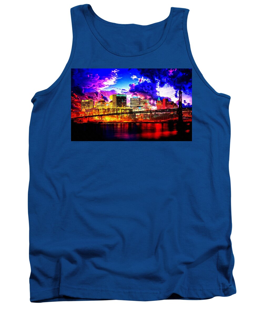 Oakland Tank Top featuring the digital art The Oakland Bay Bridge and the downtown Oakland skyline at twilight by Nicko Prints