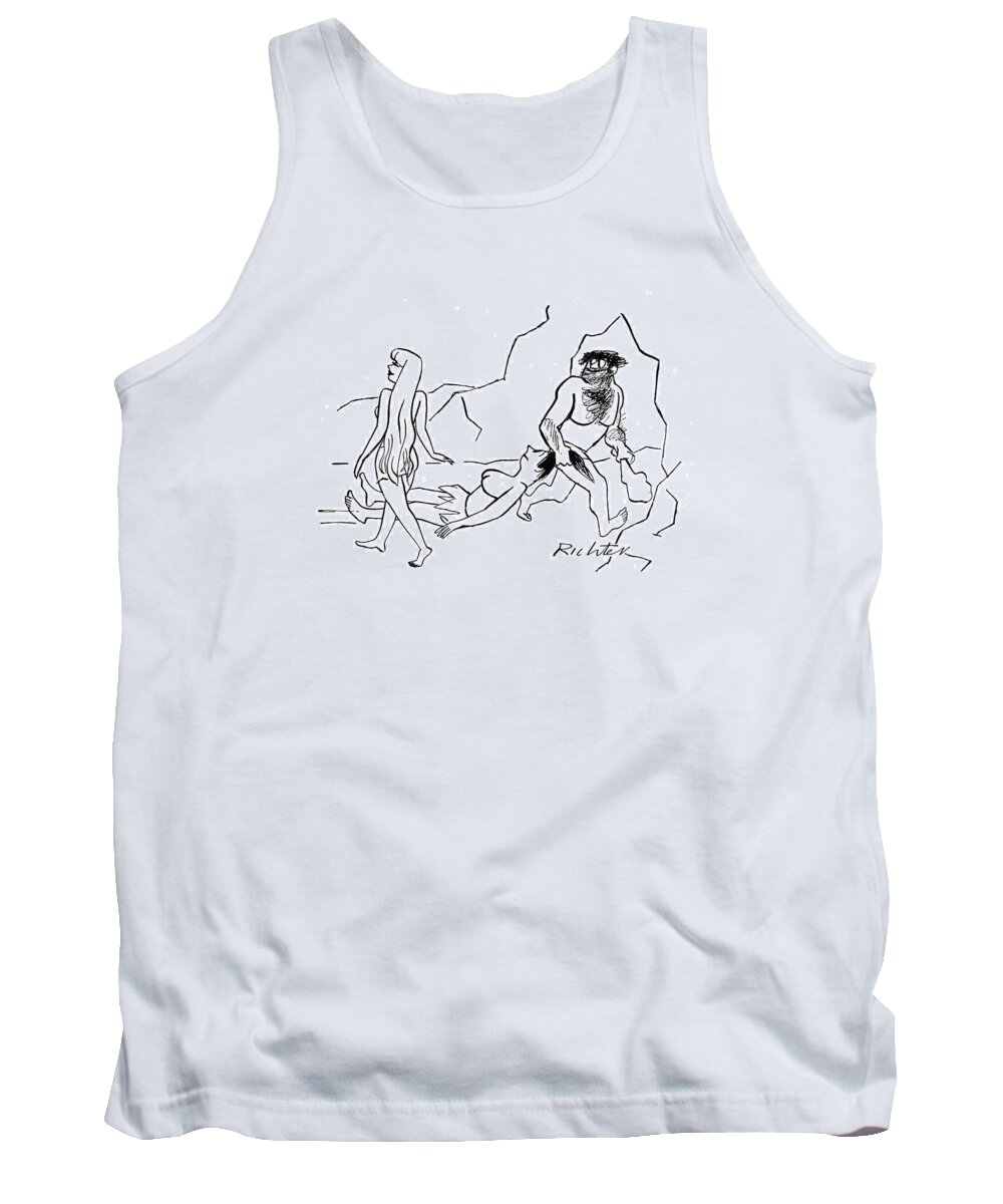 113564 Mri Mischa Richter Caveman Is Dragging One Woman And Sees Another Whom He Likes Better. Attraction Attractive Caveman Cavemen Cavewoman Cavewomen Chase Couple Couples Cro-magnon ?irt ?irting Hit Hitting Husband Husbands Marriage Married Neanderthal Prehistoric Relationship Relationships Sex Sexual Sexy Stone-age Wife Wives Tank Top featuring the drawing New Yorker September 9th, 1944 #1 by Mischa Richter