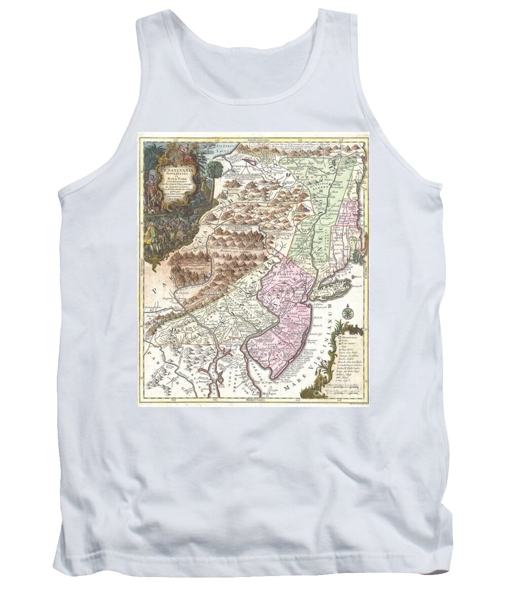 A Fine And Rare 1756 Example Of Tobias Conrad Lotter’s Important Map Of The Middle Atlantic And New England Regions During The British Colonial Period. One Of The Most Desirable Tank Top featuring the photograph 1756 Lotter Map of Pennsylvania New Jersey and New York by Paul Fearn