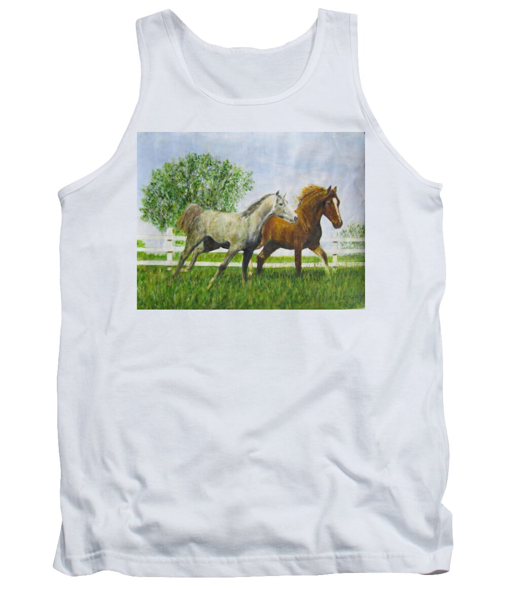 Impressionism Tank Top featuring the painting Two Horses Running by White Picket Fence by Glenda Crigger