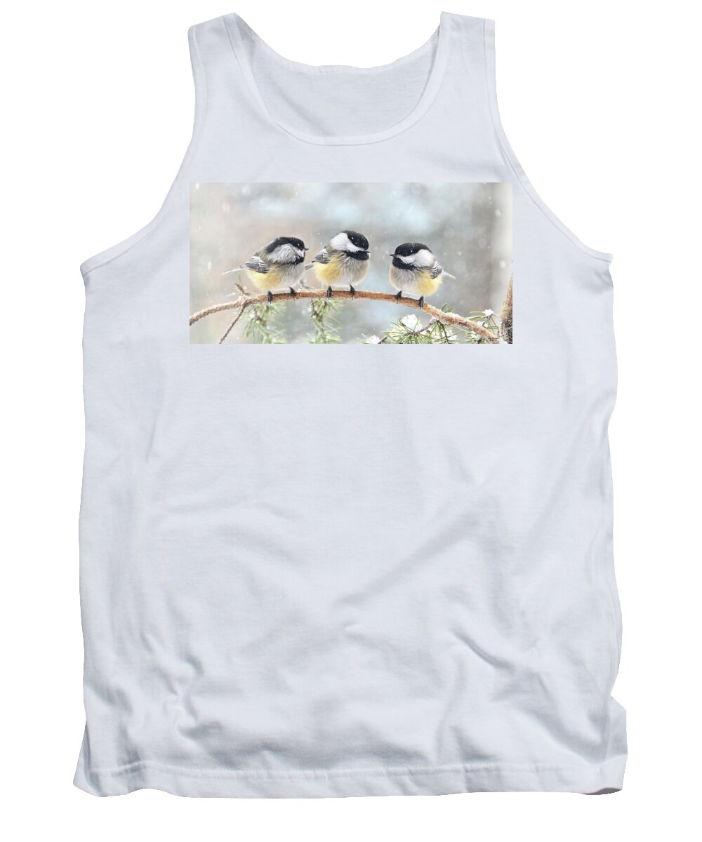 3 Chickadees Tank Top featuring the photograph 3 Chickadees on a Snowy Day by Peg Runyan