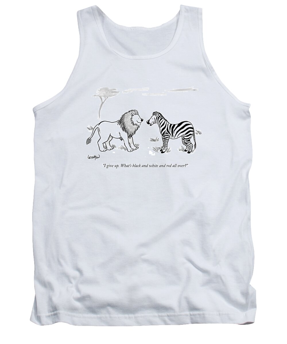 Zebra Tank Top featuring the drawing I Give Up. What's Black And White And Red All by Robert Leighton