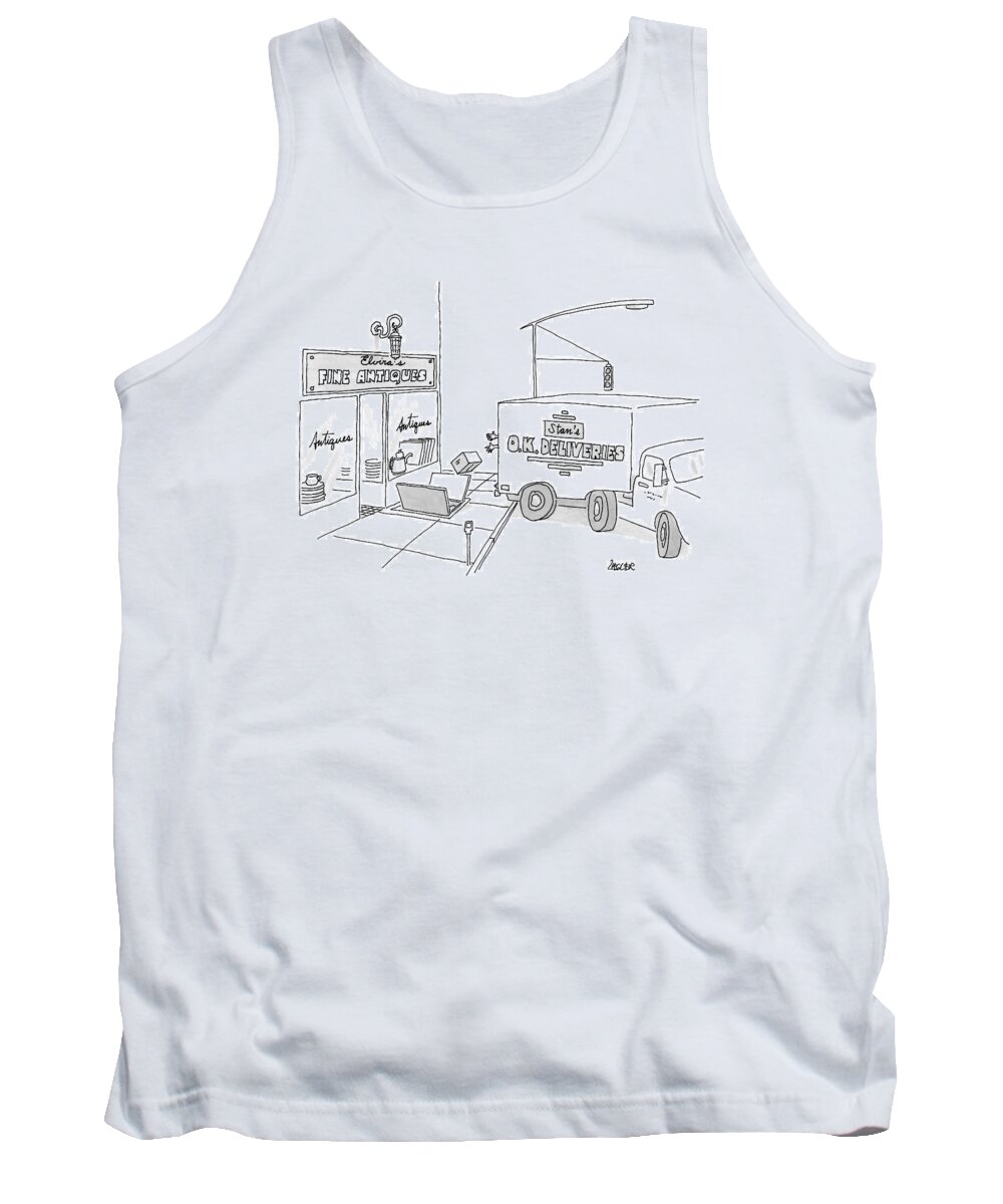 Fine Antiques Tank Top featuring the drawing A Box From A Truck Labeled Stan's O.k. Deliveries by Jack Ziegler