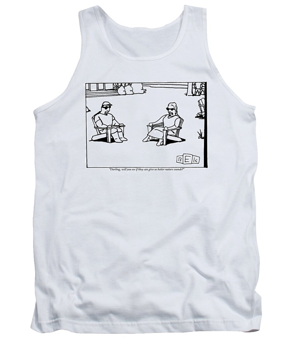 Vacation Tank Top featuring the drawing A Couple Are Sitting And Talking On Lawn Chairs by Bruce Eric Kaplan