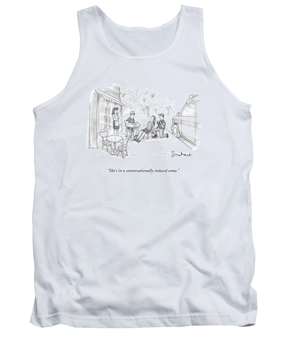 Cafes Tank Top featuring the drawing A Couple Sits Outside A Cafe. The Woman by David Borchart
