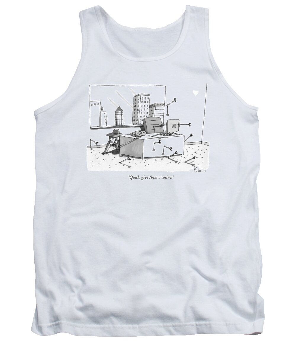Offices Tank Top featuring the drawing A Cowboy, On The Phone, Ducks Behind His Desk by Zachary Kanin