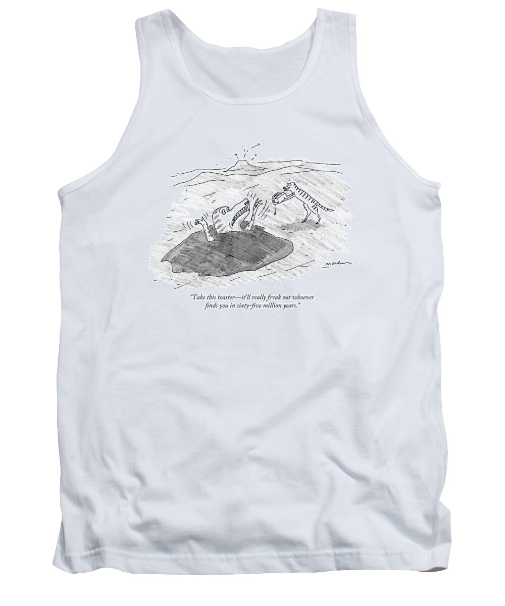 Dinosaurs Tank Top featuring the drawing A Dinosaur Handing Over A Toaster To Another by Michael Maslin