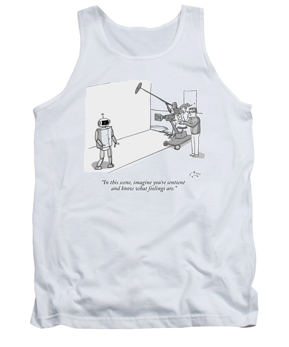 Films Tank Top featuring the drawing A Director With Film Crew Directs A Robot by Farley Katz