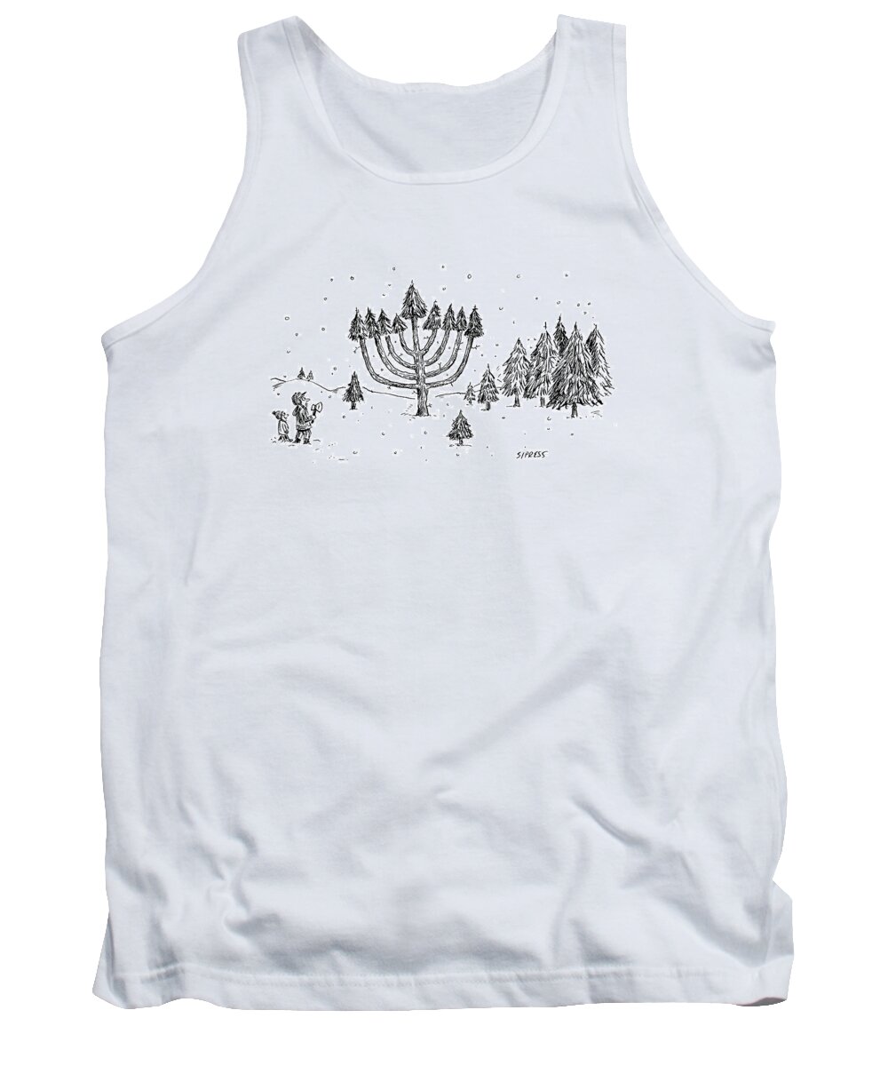 Christmas Tank Top featuring the drawing A Father And Child See A Menorah-shaped Christmas by David Sipress