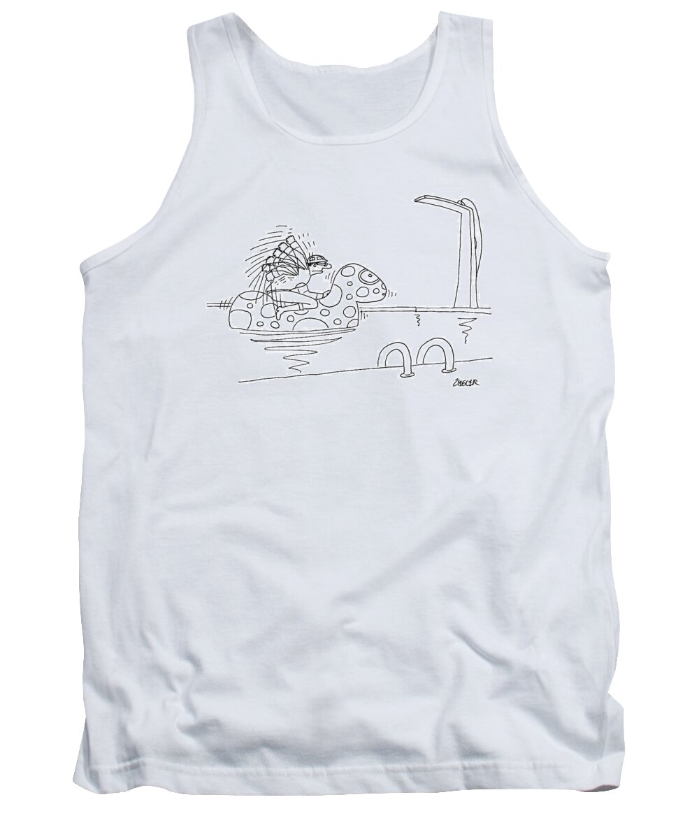 Captionless Tank Top featuring the drawing A Horse Racing Jockey In A Swimming Pool Rides by Jack Ziegler