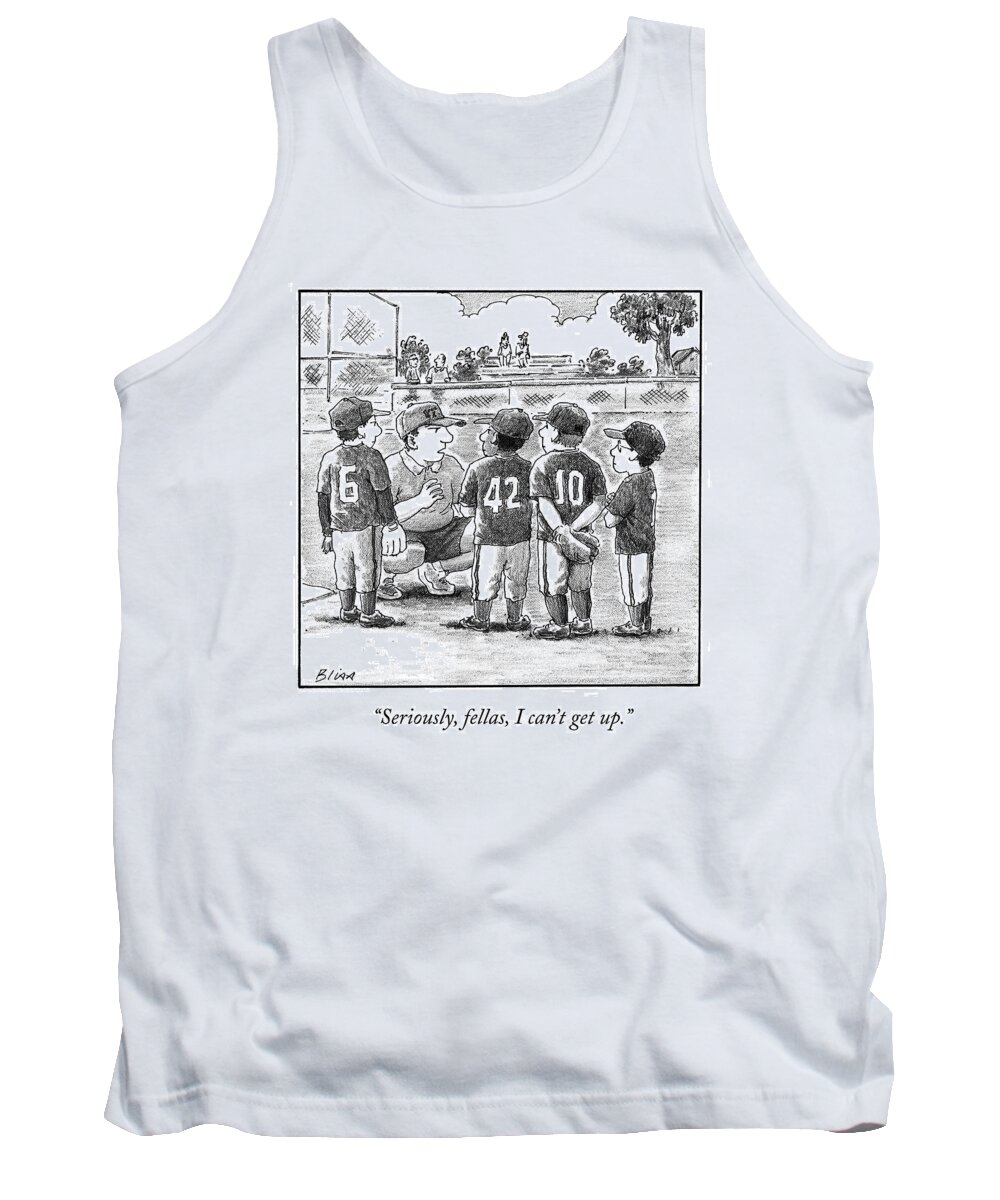Little League Tank Top featuring the drawing A Little-league Baseball Coach Crouches To Talk by Harry Bliss