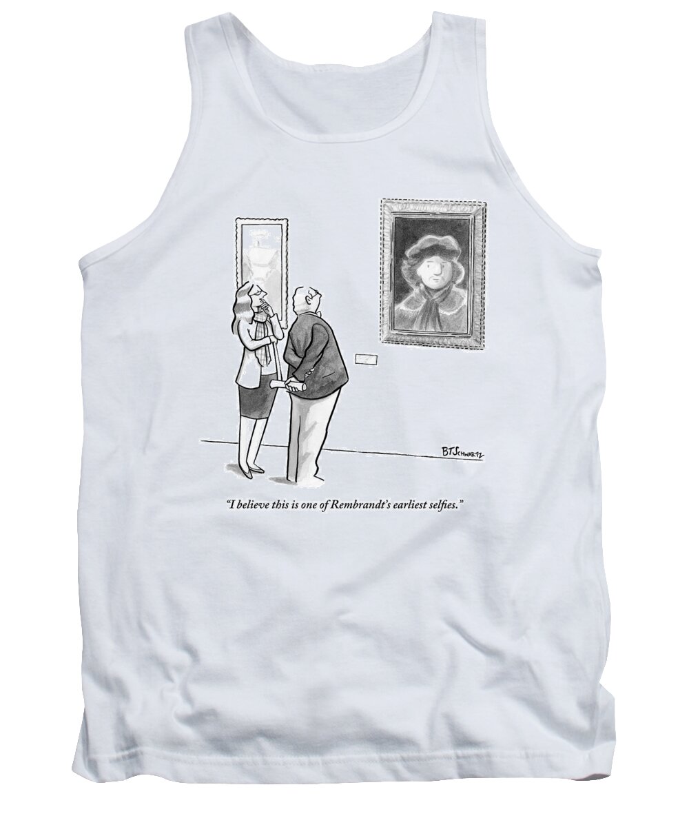 Internet Slang Tank Top featuring the drawing A Man And Woman Stand In A Museum Looking by Benjamin Schwartz