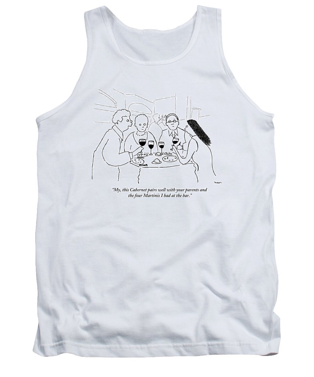 Wine Tank Top featuring the drawing A Man Explains To His Wife In Front by Michael Shaw