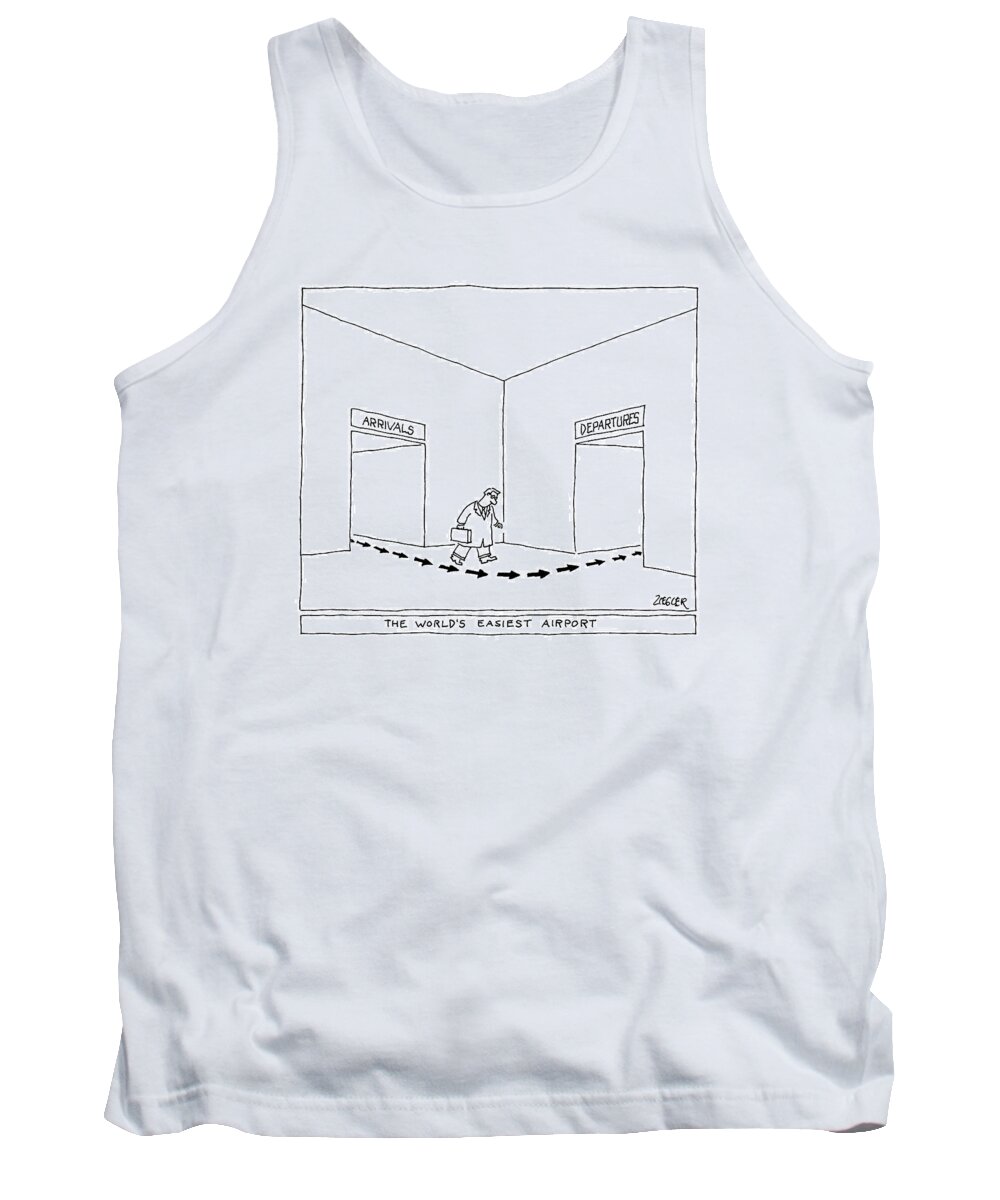 Captionless Airport Tank Top featuring the drawing A Man Follows Arrows That Lead From A Doorway by Jack Ziegler