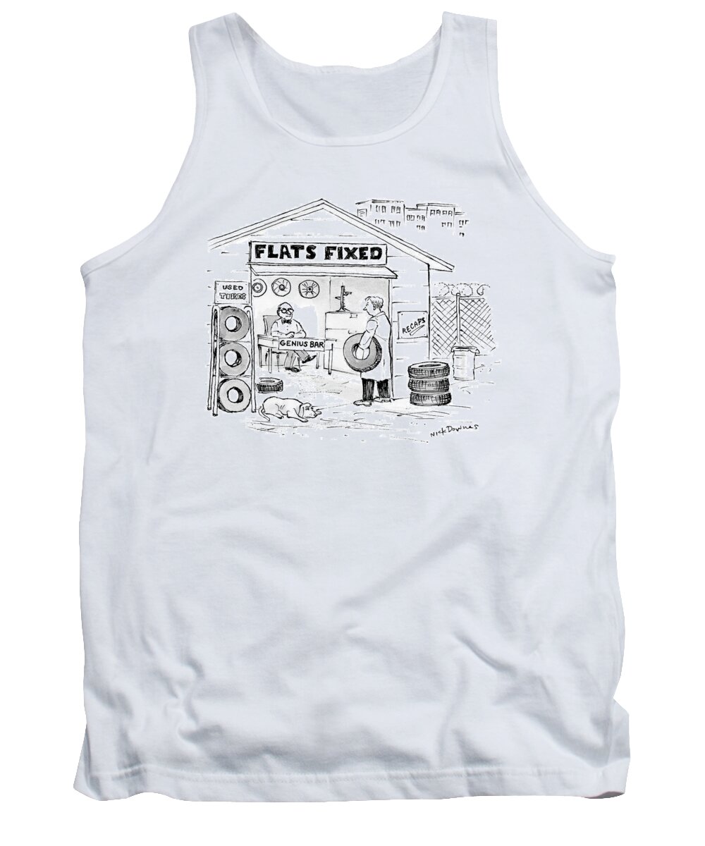 Captionless Tank Top featuring the drawing A Man Holding A Tire Walks Into Flats Fixed by Nick Downes