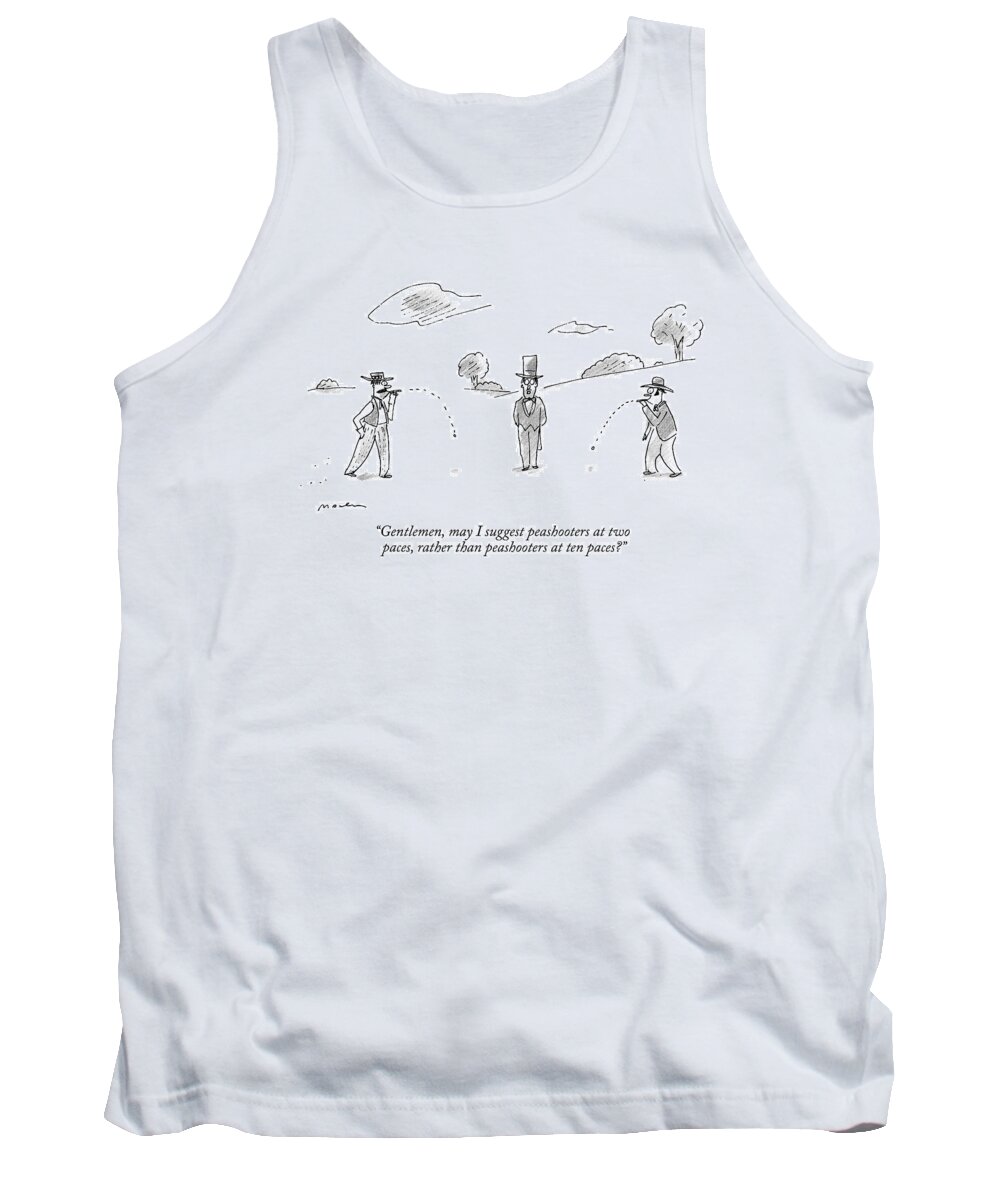 Absurd Duel Tank Top featuring the drawing A Man In A Top Hat Officiates A Duel Between Two by Michael Maslin