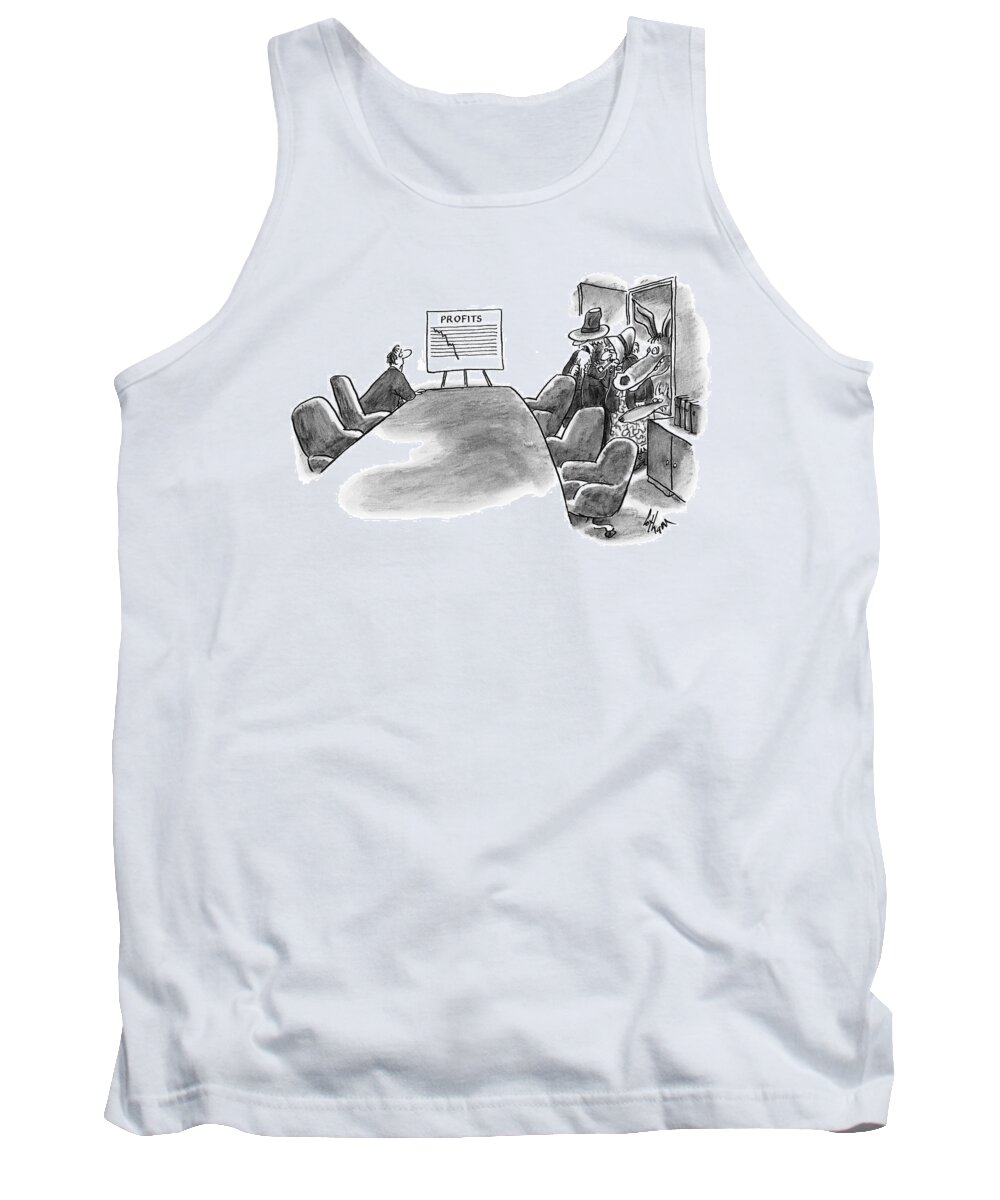 Meetings Tank Top featuring the drawing A Man Is Seen Sitting In An Empty Meeting Room by Frank Cotham