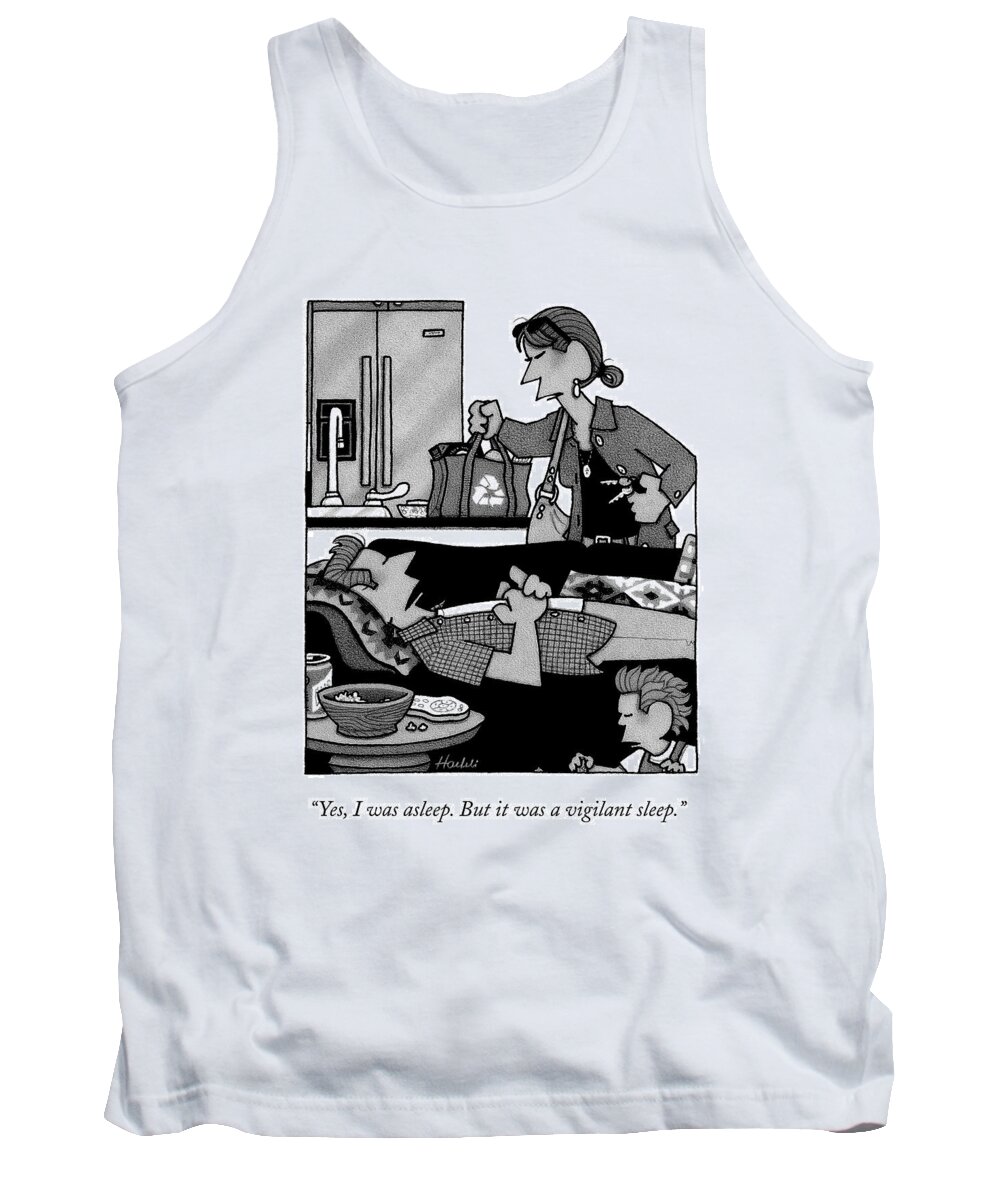 Child-rearing Tank Top featuring the drawing A Man Laying On A Couch Beside His Son by William Haefeli