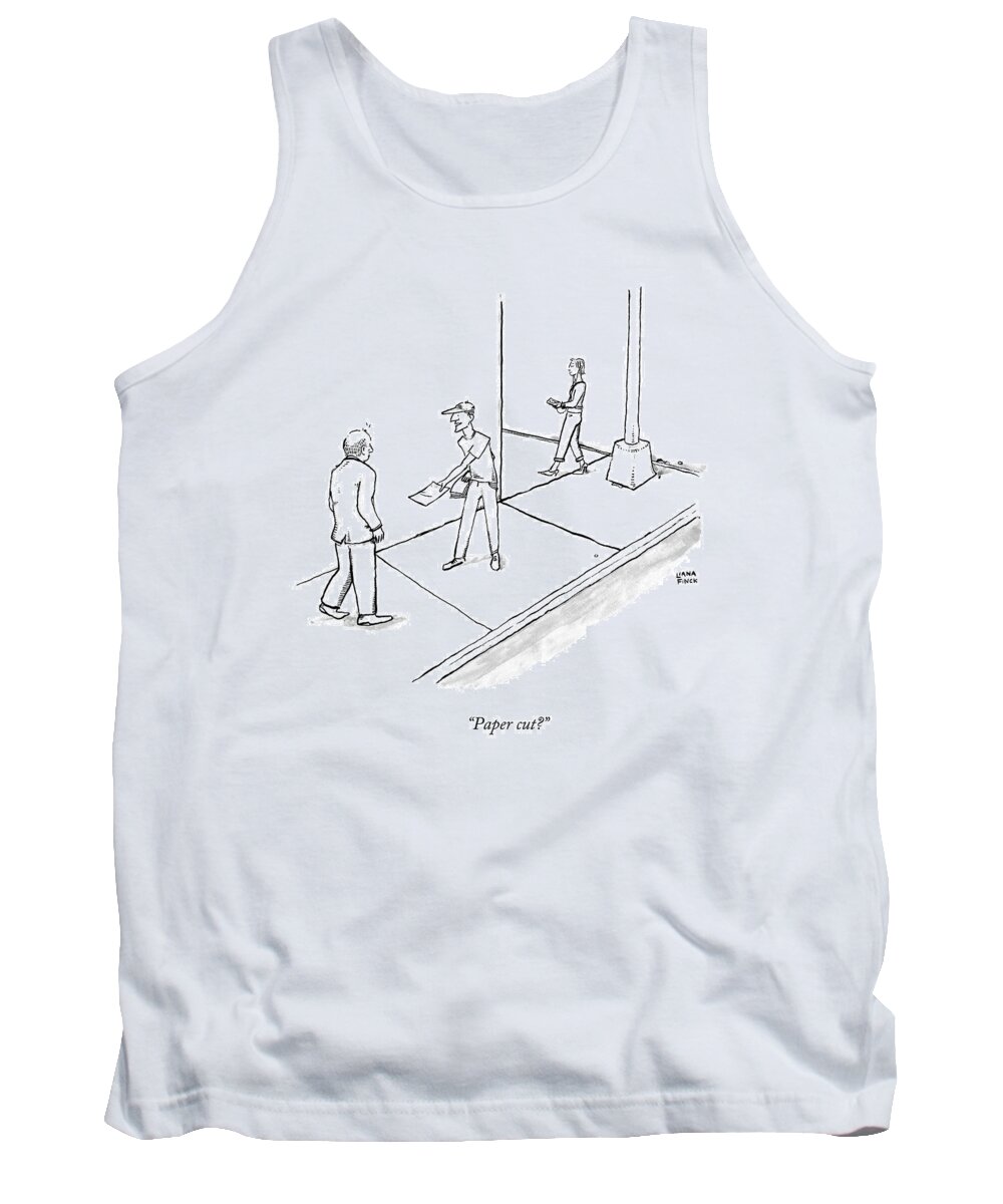 Paper Tank Top featuring the drawing A Man On The Sidewalk Is Handing Out Papers by Liana Finck