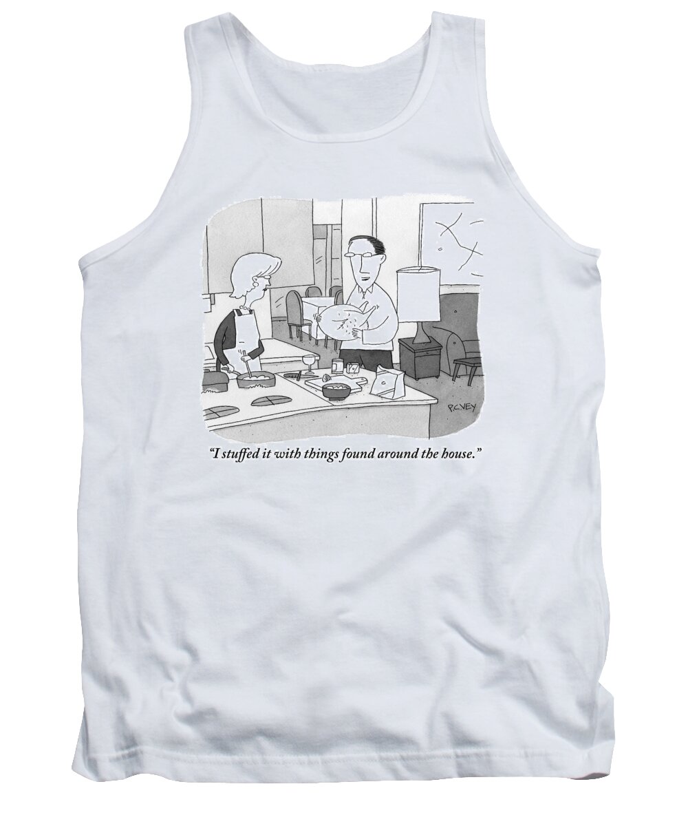 Thanksgiving Tank Top featuring the drawing A Man Presents A Stuffed Turkey To A Woman by Peter C. Vey