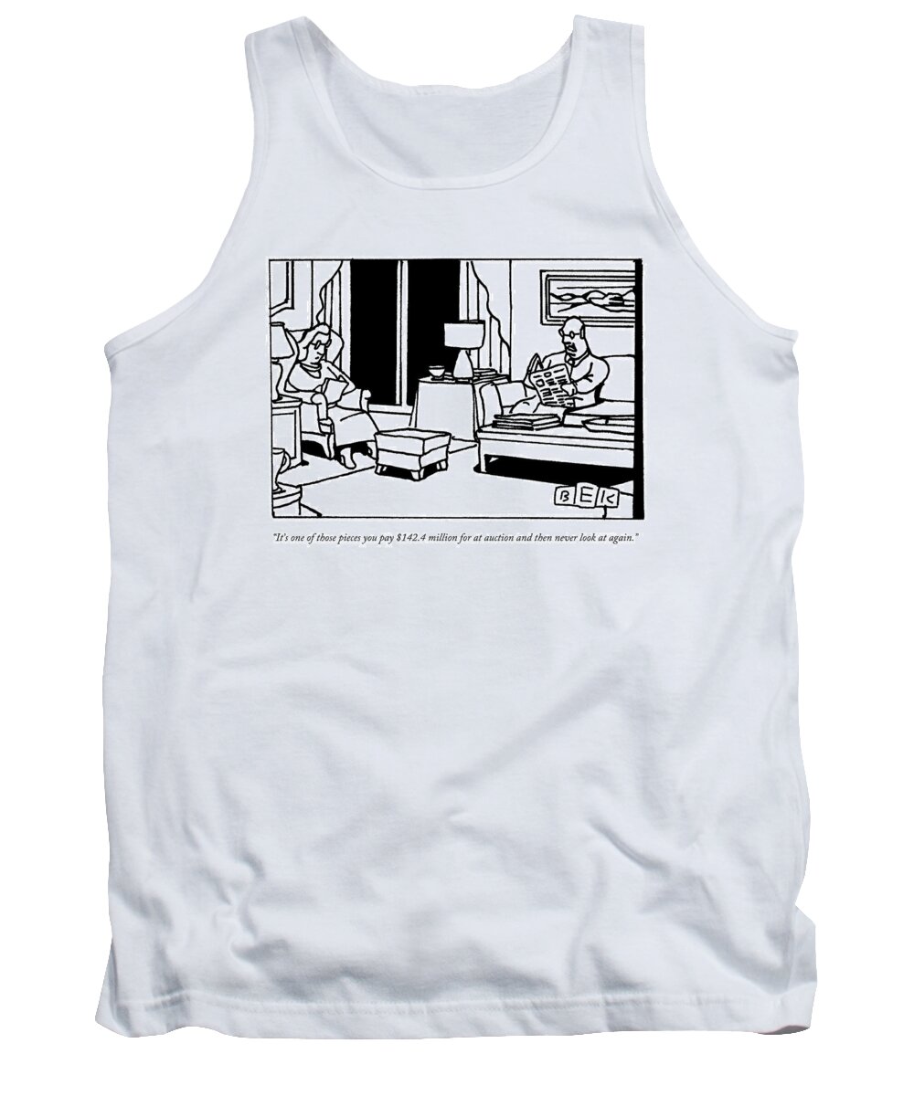 Art Tank Top featuring the drawing A Man Reads A Newspaper In His Living Room by Bruce Eric Kaplan