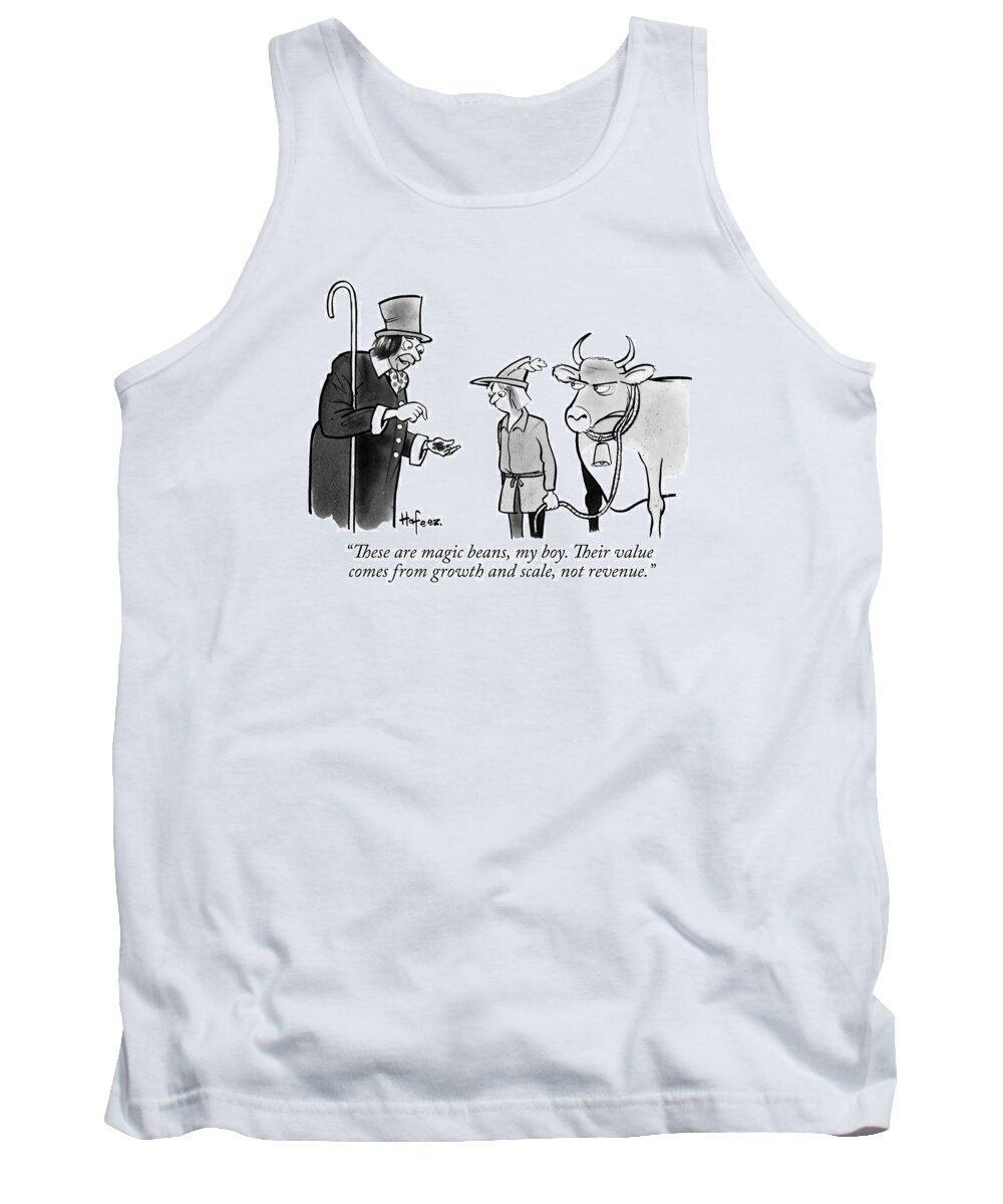 These Are Magic Beans Tank Top featuring the drawing A Man Sells A Boy Leading A Cow Beans -- Jack by Kaamran Hafeez