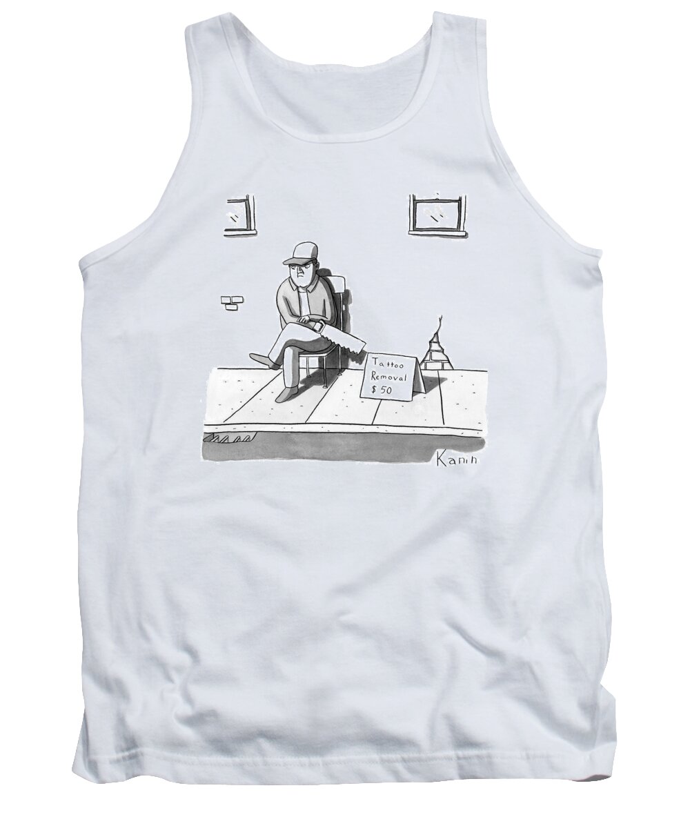 Tattoos Tank Top featuring the drawing A Man Sits With A Saw Next To A Sign That Reads by Zachary Kanin