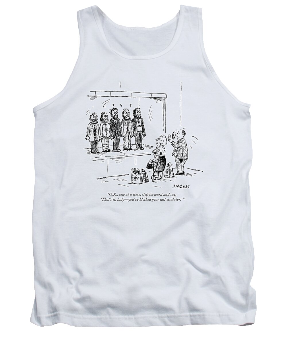 Old People Tank Top featuring the drawing A Man Speaks To Lineup Of Frustrated Looking by David Sipress