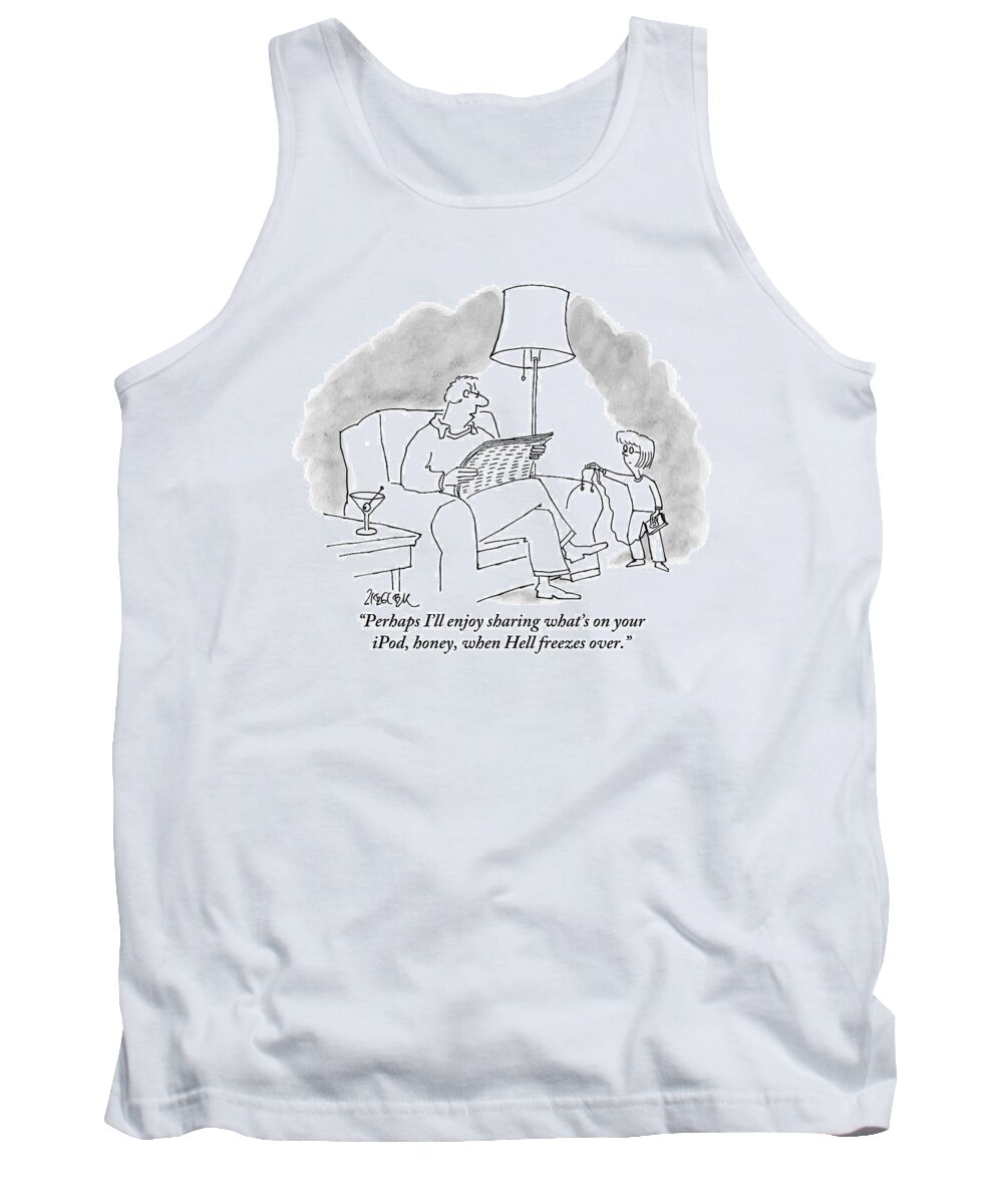 #condenastnewyorkercartoon Tank Top featuring the drawing A Man Talks To His Daughter Who Holds An Ipod by Jack Ziegler