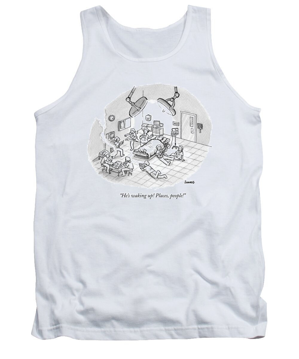 Hospital Tank Top featuring the drawing A Patient Sleeps In A Hospital Room by Benjamin Schwartz