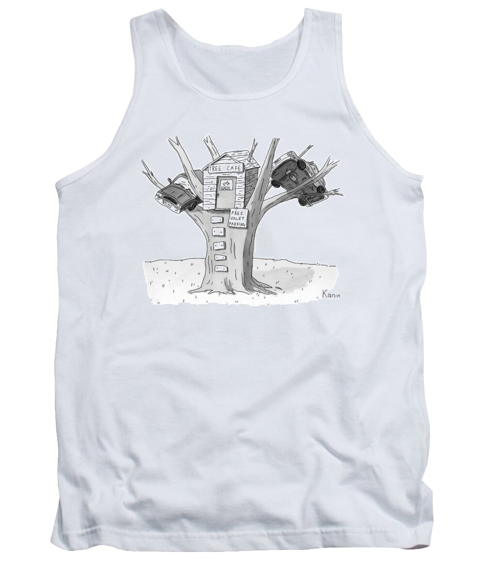 Tree Tank Top featuring the drawing A Tree House With The Sign 'tree Cafe' Is Seen by Zachary Kanin