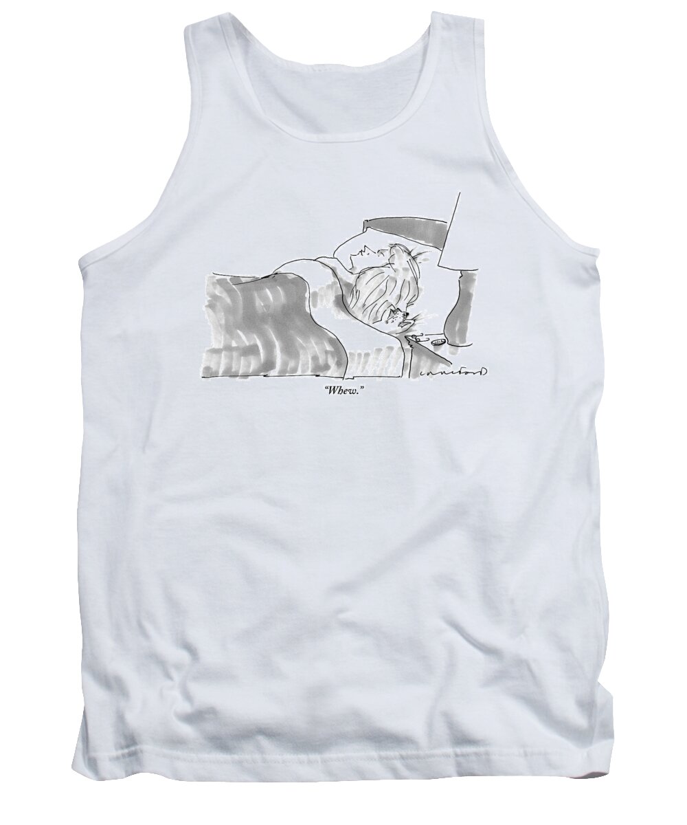 Bedroom Scenes Tank Top featuring the drawing A Very Tiny Man Sighs With Exhausted While Lying by Michael Crawford